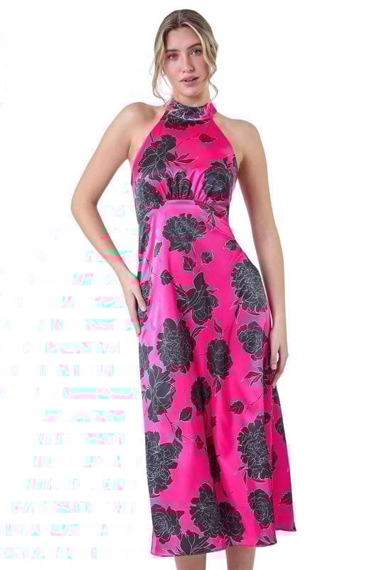 Floral Satin Look Halterneck Midi Dress from Roman. Stun your Summer party guests this season with this floral midi dress! Elevating your occasionwear with a sophisticated halter neckline and sleeveless silhouette, this woven dress skims your figure for a flattering fit with a luxe satin-feel fabric. It features an elegant empire line waist with a keyhole button and tie detail at the back, cinched in with a comfortable elasticated waist. Wear it with strappy heels for the perfect Wedding guest ensemble.