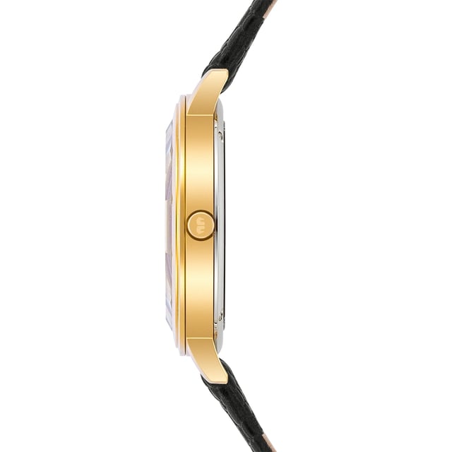 Do you love extravagant watches? Then this women's model from Rhodenwald & Söhne should not be missing in your collection: Reduced functionality combines with a modern interpretation of the skeleton look of traditional watchmaking to an eye-catcher on the wrist. A touch of skin shimmers between the dial and the bezel, bridged by four line indices, decorated with crystals from Swarovski®. The Sunray dial with Dauphine Zehern ensures a fascinating play of light. A scratch-resistant stainless steel housing with yellow gold cladding and a high-quality real leather strap with trendy carbon embossing complete the premium equipment.