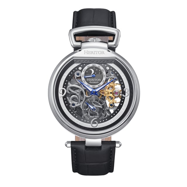 316L Surgical-Quality Stainless Steel Case, Jeweled Automatic Movement, Jewel Bearings: 22 Jewels, 36-Hour Power Reserve, Beats per Hour (BPH): 21600/Hour, Sapphire-Coated Mineral Crystal, Skeleton Dial with Engraved Details, Observation Caseback to view Movement, Logo-Engraved Crown, Genuine Leather Crocodile-Embossed Strap, Logo-Engraved Stainless Steel Clasp, Luminous Hands, Moon Phase, Dual Time Sub-Dial, Unique 120-Seconds Sub-Dial, 45mm Case Diameter, 195-245mm Wrist Size, 5 ATM Water Resistance.