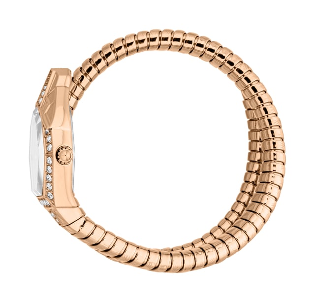 JC1L303M0045 Ornato Snake Analog Watch for Women Wear the minute of excellence with this watch from Just Cavalli. The dial is shielded by mineral glass. The 30 m water resistance makes sure it does not damage when in contact with water particles. The uni-directional bezel is a safety feature that provides a reliable way to measure time in critical situations, particularly in underwater environments where timing is crucial.
