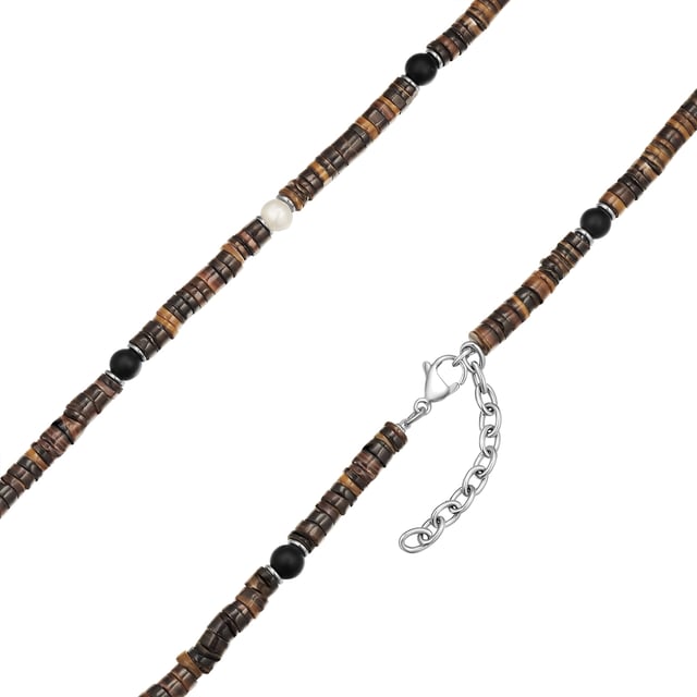 If you're the casual jewelry type, nature-inspired jewelry perfectly embodies your personality! This beaded necklace from the True Rebels label is made for young rebels who like to stand out from the crowd. Heishi shell core discs combine with dark agate beads, fine freshwater cultured pearls and shiny stainless steel discs to create an accessory in a cool surfer style. Whether with a suit, for the next festival or for an evening stroll through the clubs: the necklace is a versatile men's favorite! A robust stainless steel carabiner clasp with an extension chain ensures a high level of comfort.