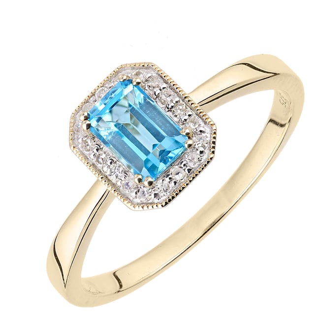 Oro amarillo de 9 quilates (375): 1,3 g; # Diamante: 0,08 quilates; # Topacio Azul: 0.67ct