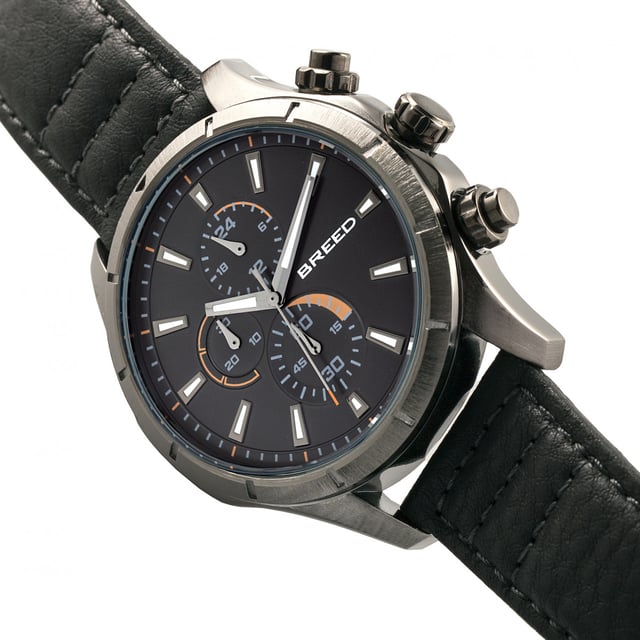 Brushed Alloy Case; Precision Japanese Quartz Movement; Full-Function Chronograph; Non-Glare Scratch Resistant Mineral Crystal; Logo-Engraved Stainless Steel Caseback; Genuine Leather Crocodile-Embossed Strap; Logo-Engraved Stainless Steel Clasp; Luminous Hands; Luminous Markers; 24-Hour Sub-Dial; 47mm Case Diameter; 5 ATM Water Resistance;