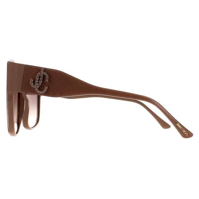 Jimmy Choo Square Womens Nude Glitter Brown Gradient 90041091 Jimmy Choo are a square style crafted from lightweight acetate. Rubber nose pads and gradient lenses provide all day comfort. A Jimmy Choo glitter logo is engraved into the temples for brand authenticity.