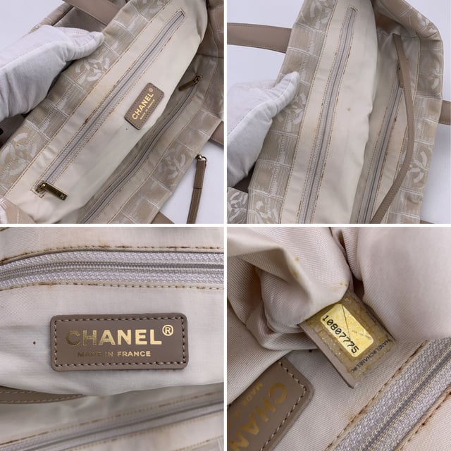 VINTAGE, RRP AS NEW
Chanel beige jacquard nylon tote bag from the 'Travel line' collection. Period/Era: 2003/2004. Beige leather top handles. Nylon lining with 2 side zip pockets inside. 'Chanel - Made in Italy' tag , ity hologram tag inside the bag Condition Rating: B - VERY GOOD CONDITIONCondition Details: Some war of use on bottom corners. Some darkness on leather handles. Some brown stains on the internal lining. Please, look carefully at the photos and ask if you have any doubts.Measurements (cm):Depth: 15.2Height: 25.4Length: 35.6Other Details: Dustbag? NoKeys? NoBox? NoMeasurments:  width: 152 mm length: 356 mm height: 254 mm