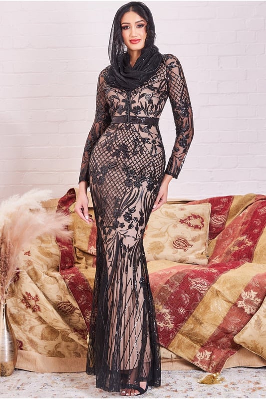 Modesty Sequin Evening Maxi Dress