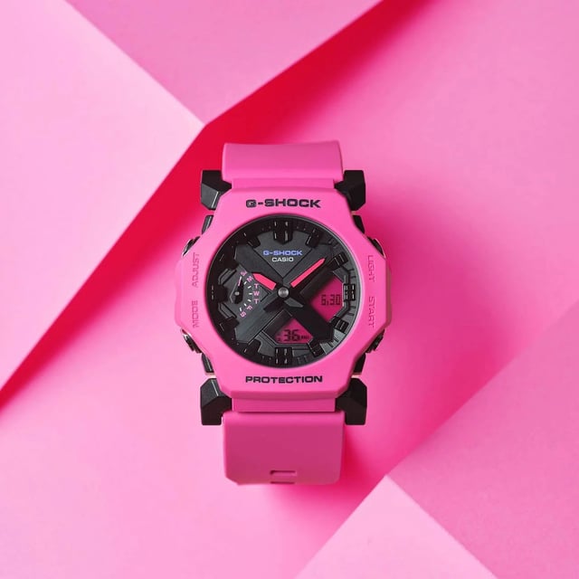 This Casio G-shock Analogue-Digital Watch for Women is the perfect timepiece to wear or to gift. It's Pink 40 mm Round case combined with the comfortable Pink Plastic watch band will ensure you enjoy this stunning timepiece without any compromise. Operated by a high quality Quartz movement and water resistant to 20 bars, your watch will keep ticking. Vintage fashion meets modern functionality, delivering retro styling with up-to-date features. This Analogue-Digital watch has a calendar function: Day-Date as well as Stop Watch , Countdown , Worldtime , Alarm and Light High quality 19 cm length and 24 mm width Pink Plastic strap with a Buckle Case diameter: 40 mm,case thickness: 11 mm, case colour: Pink and dial colour: Black