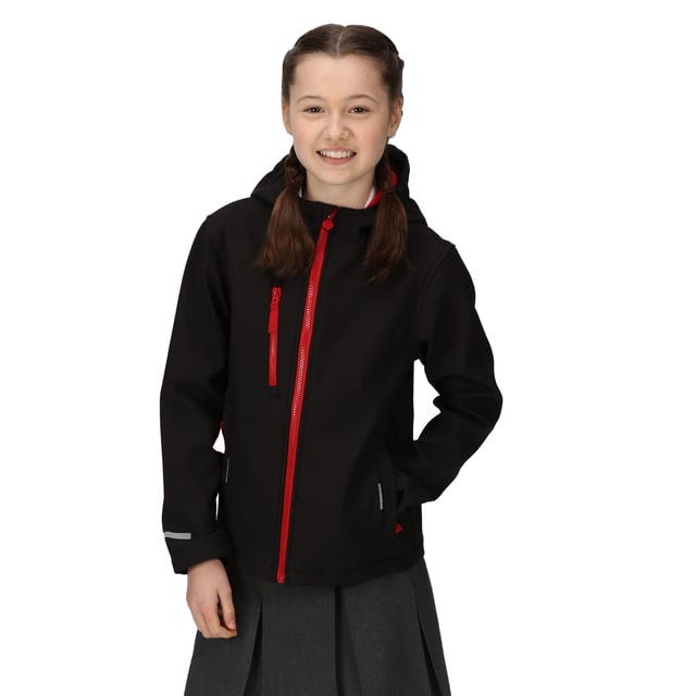 Regatta Childrens/Kids Ablaze 3 Layer Soft Shell Jacket (Black/Classic Red) Material: 100% Polyester. Lining Material: 100% Fleece. Lining: Contrast. Fabric: Softshell, Woven. Design: Reflective Detail. Fabric Technology: Breathable, Waterproof, XPT. 3 Layer Membrane, Contrast Zip, Inner Zip Guard. Neckline: Hooded. Sleeve-Type: Long-Sleeved. Hood Features: Elasticated, Grown On Hood. Pockets: 2 Zip Pockets, 1 Chest Pocket, Zip. Fastening: Full Zip. 10000g/m²/24hrs. Sustainability: Made from Recycled Materials.