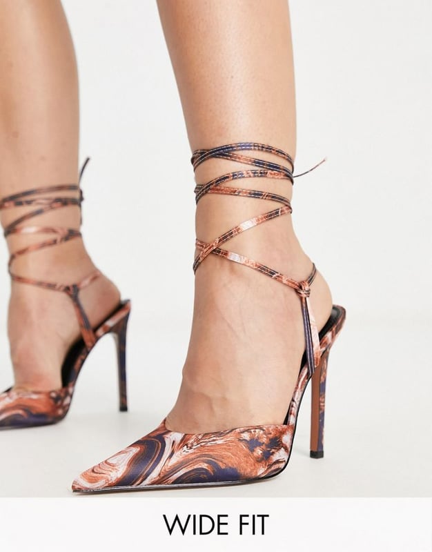 ASOS DESIGN Wide Fit Prize tie leg high heeled shoes in brown swirl Multi