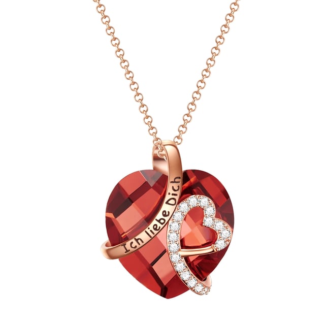 A piece of jewelry for the really big feelings: With this chain of the jewelry label Rafaela Donata, they say "I love you" in an impressive way. The focus is on the heart -shaped glass trailer, in the numerous facets of which the light breaks. A filigree curved band made of rose -gilded metal decorated with zirconia sets sparkling accents and bears the engraved love message "I love you". The extraordinary trailer dangles on a rose -gold -colored anchor chain, which, thanks to an extension chain with a carabiner closure, can be easily and quickly adapted to the cleavage. A gift for a birthday or Valentine's Day cannot be more romantic!