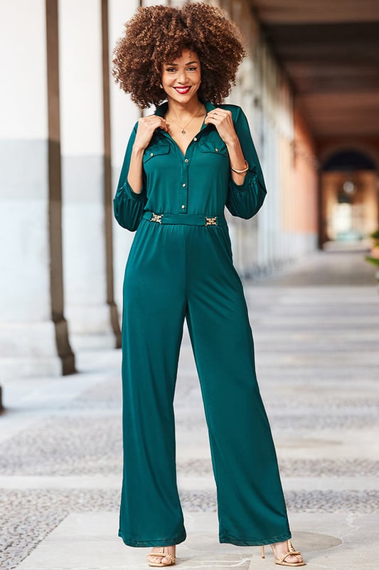 Make everyone green with envySlinky fabric drapes softly over your bodyCinched waist falls to flattering wide-legs Gold hardware and blouson sleeves up the luxe factor Style with ankle boots for the 9-5 Take it out-out with gold heels Inside leg to fit: Short 29" | Regular 31" | Long 33"