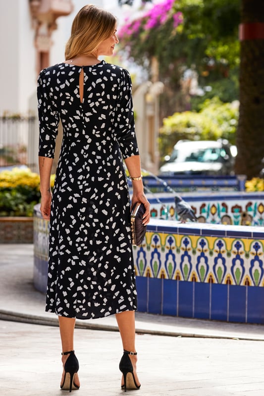 Black White Fleck Print Fit Flare Midi Dress