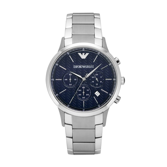Emporio Armani AR2486 Mens watch has a stainless steel case and is fitted with a chronograph quartz movement. It fastens a silver metal bracelet and has a dark blue dial. The watch has a date function. 43mm width