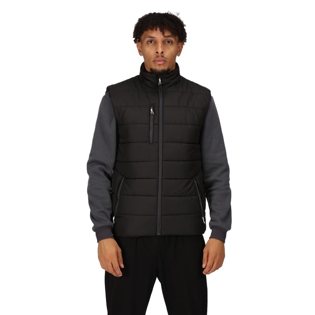 Material: 100% Polyester. Fabric: Ripstop. Design: Quilted. Fabric Technology: Thermal, Warmloft, WR Cire Finish. Neckline: High-Neck. Sleeve-Type: Sleeveless. Pockets: 1 Chest Pocket, 2 Side Pockets, Zip. Fastening: Full Zip. Made from Recycled Materials.