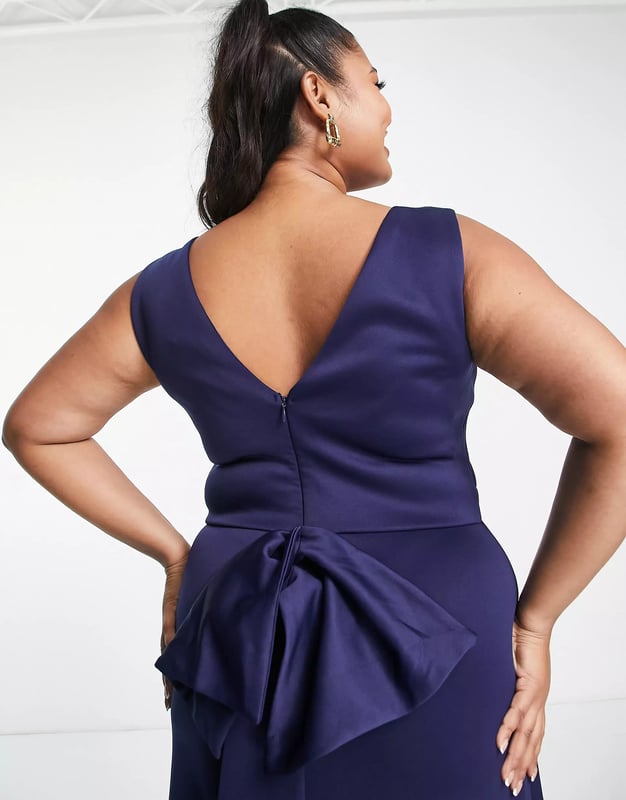 Womens Tfnc Plus Bridesmaid Plunge Front Bow Back Maxi Dress in Navy