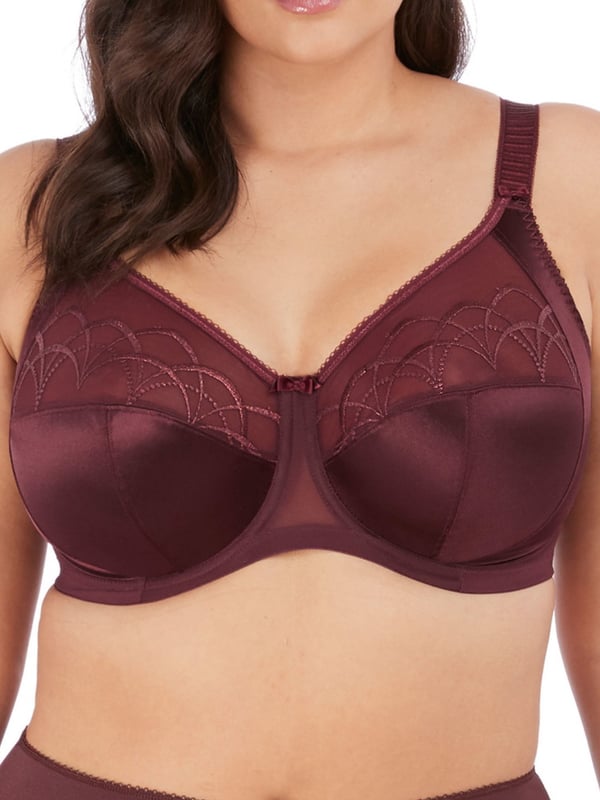 Elomi Cate Full Cup Underwired Bra. With a three piece cup, side support panel and a sheer embroidered top cup. Product is hand wash only.