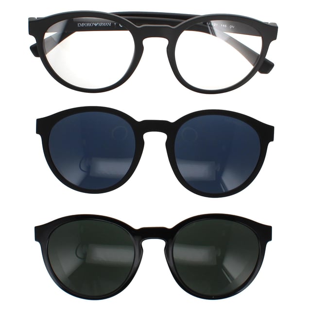 Emporio Armani Round Mens Matte Black Clear with Sun Clip ons Sunglasses