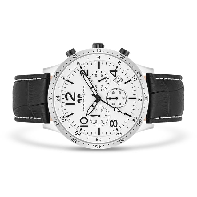 The men's watch from the Rhodenwald & Sons manufacture combines the design of sporty chronographs with the timeless elegance of a dresswatch. The model from the "Flight Captain" series is based on the tricompax arrangement of classic pilot watches and scores with a 24-hour display, stopwatch and date. In terms of color, the totalists fit harmoniously into the subtle dial - a noble companion with the aura of freedom, adventure and fame. The timepiece convinces with a robust stainless steel housing, luminiscant sticker and a reliable quartz train. A real leather strap with crocodile, contrast seam and thorn closure rounds off the premium equipment.