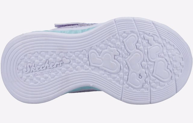 Brighten your steps with heart-filled style wearing Skechers Flutter Heart Lights Bring Sparkle. This lightweight slip-on features a lavender sparkle mesh upper and a fun 3-D heart-sculpted light-up midsole.
- Slip-on style in a stretch-laced front
- Cushioned midsole with 3-D sculpted light-up hearts
- Skechers logo detail