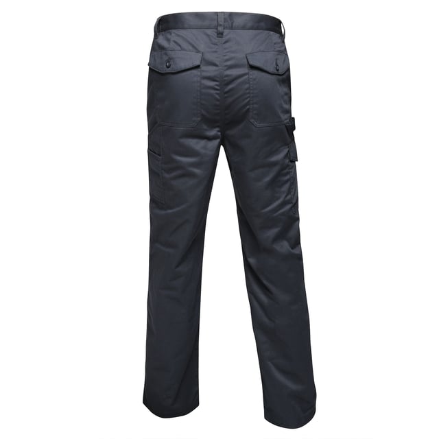 Mens waterproof trousers made of hardwearing Polycotton fabric. Fabric weight 245 g/m2. Water repellent coating. Part-elasticated waist. Knee pad pockets. Belt loops. Zip fly opening. Metal Shank button to CF fasten. 2 front pockets. 1 side cargo pocket button fasten, 2 rear pockets. Side leg Ruler pocket. D-ring attachment. Hammer Loop. Reinforced crotch seam. Reinforced seams with triple stitching. 65% Polyester, 35% Cotton. Long: 34in.