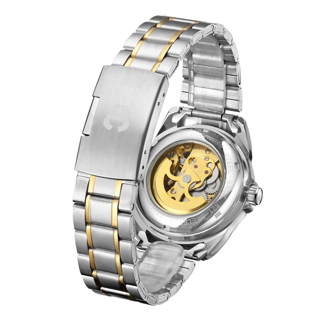 El Anthony James Edición Limitada Esqueleto Automático, ensamblado a mano, funciona con nuestro movimiento totalmente automático de 162 piezas y 21 rubíes. Este complicado movimiento está expuesto tanto a través de la esfera negra abierta del reloj como a través de su fondo de caja esqueleto de acero inoxidable, lo que proporciona al usuario dos puntos de vista desde los que ver la ingeniería de este reloj. Todos nuestros relojes se someten a rigurosos controles de calidad y pruebas de precisión, por lo que este reloj tiene una garantía de 5 años.

Especificaciones del reloj
- 12 horas analógico 
- Movimiento automático
- Movimiento automático 162 Part 21 Jewel 
- Resistente al agua 30M
- Cristal mineral resistente a los arañazos
- 5 años de garantía
Tamaños y pesos
- Diámetro de la caja 38,6 mm 
- Grosor de la caja 15 mm
- Ancho de la lengüeta 20 mm
- Ancho de la correa 18 mm
- Longitud de la correa 195 mm
- Peso 107 gramos
Materiales y color
- Caja de aleación de oro bicolor y acero 
- Fondo esqueleto de acero inoxidable
- Pulsera bicolor de acero inoxidable 
- Cierre de seguridad plegable con logotipo
- Esfera negra abierta 
- Anillo interior con contador de segundos dividido
- Corona con logotipo