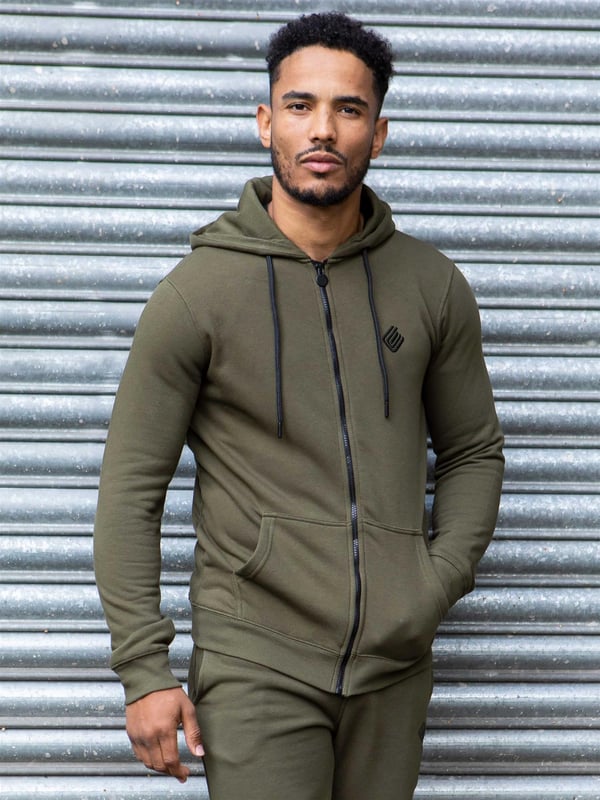 Enzo Mens Zip Up Hoodie Tracksuit Set Khaki