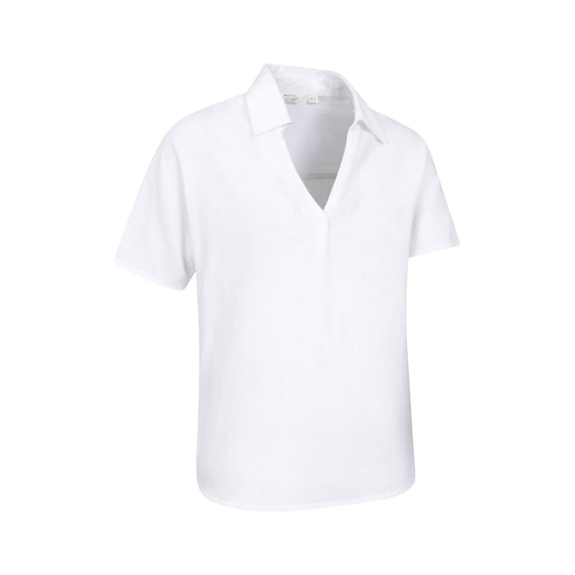 Outer Materials: 55% Linen, 45% Cotton. Design: Plain. Neckline: Deep V, Turn Down Collar. Hem: Dropped. Fastening: Pull Over. Sleeve-Type: Short-Sleeved. Fabric Technology: Breathable, Lightweight. Central Back Pleat. Fit: Relaxed Fit.