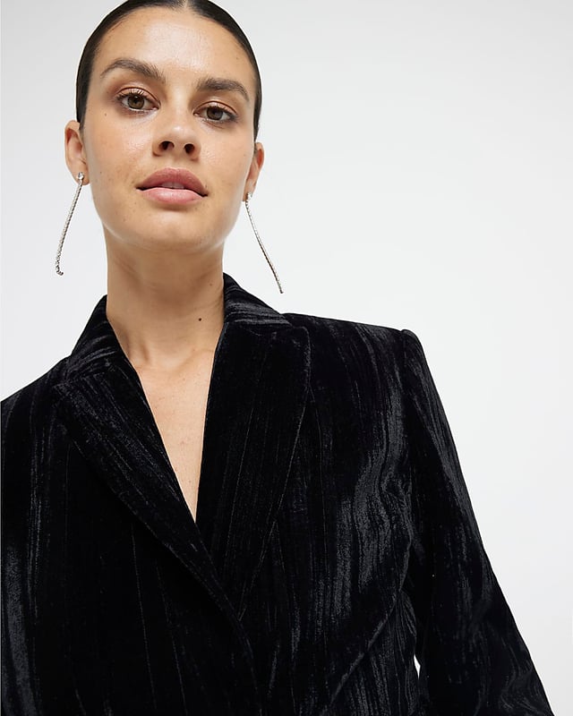 Velvet fabric, Wrap detail, Belted, Long sleeves, Button fastening, Front pocket