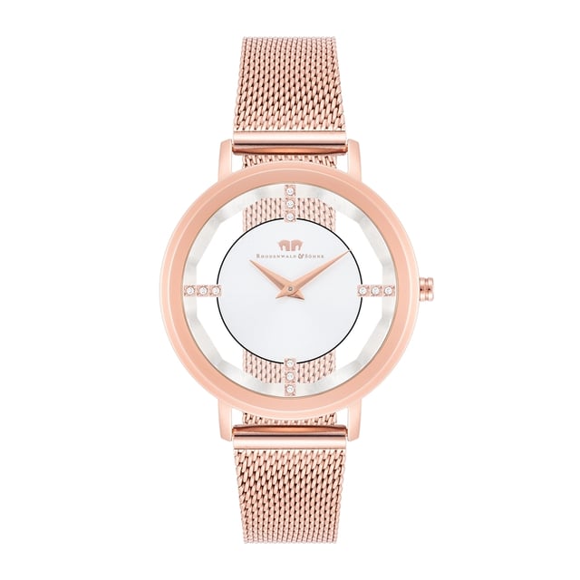 Would you like an eye -catcher on the wrist? Then this women's time meter of Rhodenwald & Sons is the right choice: Reduced functionality in conjunction with an expressive interpretation of the luxurious skeleton mechanism creates a special accessory. A touch of skin shimmers between the bezel and dial, bridged by four striking line indices, decorated with crystals from Swarovski®. The dial with a Sunray effect and subtle Dauphine added player play gently with the light. A stainless steel housing and a stainless steel bracelet in Milanaise-optics-both with a rose gold plating-ensure optimal everyday suitability.