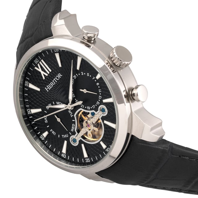 316L Surgical-Quality Stainless Steel Case; Jeweled Automatic Movement; Jewel Bearings: 20 Jewels; 42-Hour Power Reserve; Beats per Hour (BPH): 21600/Hour; Sapphire-Coated Mineral Crystal; Pattern Dial; Semi-Skeleton Dial; Observation Caseback to view Movement; Genuine Leather Crocodile-Embossed Strap; Logo-Engraved Stainless Steel Clasp; Luminous Hands; Luminous Markers; Day Sub-Dial; Date Sub-Dial; 45mm Diameter; 5 ATM Water Resistance;