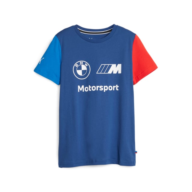 PRODUCT STORY: Step out in this t-shirt reflecting the high-performance and cutting-edge technology of BMW M Motorsport. In seasonal colours with a large placement print, it styles easily back across the entire collaboration.  FEATURES & BENEFITS: Made with at least 20% recycled material as a step toward a better future. DETAILS: Regular fit, Crewneck, BMW M Motorsport insignia printed on the chest, PUMA Cat Logo on the right sleeve, PUMA Youth: Recommended for juniors between 8 and 16 years, Unisex,
