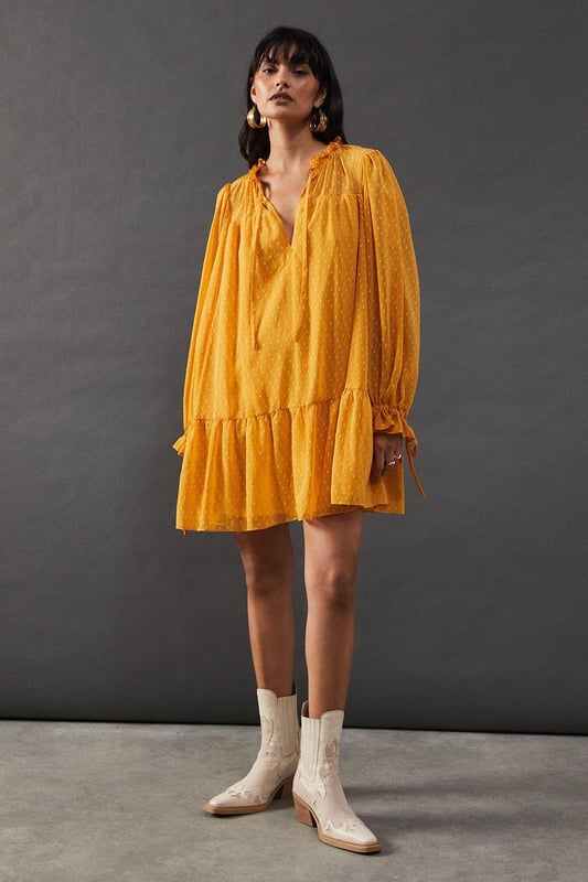Dobby Chiffon Tie Neck Drop Hem Mini Smock Dress