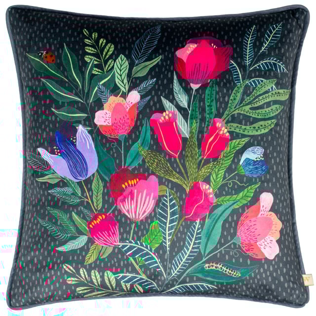 Inspired by summer gardens with a vibrant colour palette, the Wild Garden Posies cushion is an on-trend, hand-painted printed design set against a cool-grey, opulent velvet background. Complete with a velvet-piped trim, this design is bound to make a statement in any interior. Size:43 cm x 43 cm