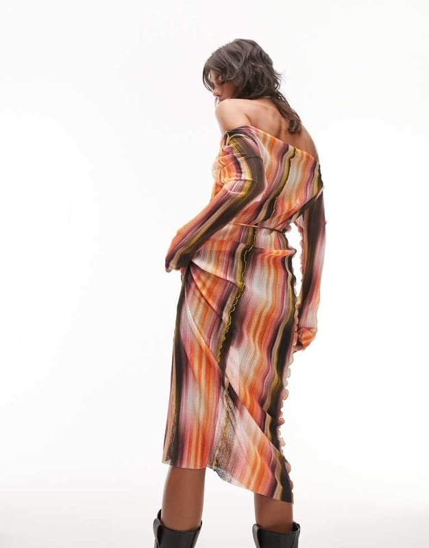 knee length dresses for ladies Stripe Print Textured Jersey Midi Dress M Brown/Ivory