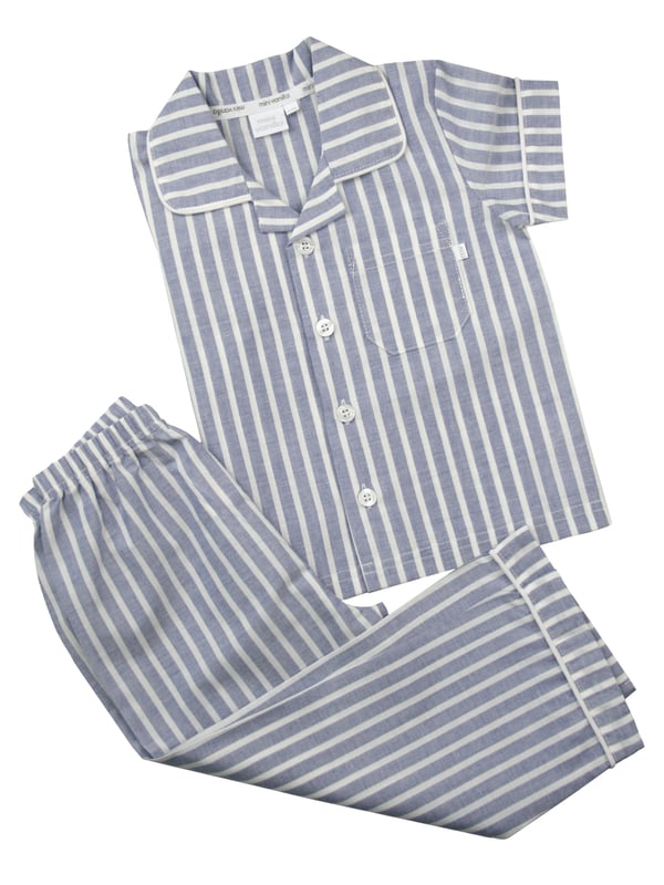 Blue and White Stripe Traditional Summer Pyjamas.

Our classic short sleeve crisp summer cotton boys pyjamas in a blue and white stripe creates a traditional look that’s perfect for lounging or sleeping. Made from super-soft 100% crisp cotton. The set is trimmed with white cotton piping. The top has an open collar and revere, single square pocket with MV tab and fastens with Mini Vanilla Engraved buttons. The crisp cotton comfy trousers have a fully soft elasticated waist and white piping at the hem to finish this very traditional boys pyjamas

Sold as a Pyjama set.
Fabric 100% cotton - crisp summer weight.
Fire Warning : KEEP AWAY FROM FIRE AND FLAMES.
Wash Care Instructions : Machine wash inside out, do not soak, wash dark                    colours separately, do not iron trims. Save energy and wash at 30 degrees.
Do not tumble dry
