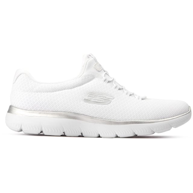 Zapatillas Skechers Summits blancas para mujer, fabricadas en textil y suela de goma. Características: plantilla viscoelástica, lavable a máquina, sin cordones, ligera y vegana.