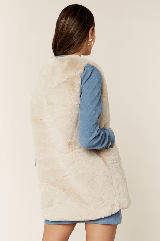 Machen Sie ein Statement in diesem Winter in diesem verträumten Pelz Gilet. Mit einem Kunstpelz-Material, einem ärmellosen Stil und Haken/Ösen-Stil Befestigung Stil dies mit Vinyl-Hosen und eine schmeichelhafte Body für einen Blick, der Date-Nacht bereit ist.