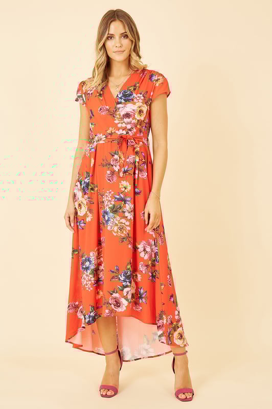 Orange Floral Wrap Dip Hem Dress