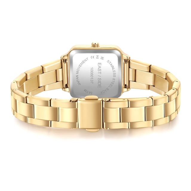 GENERAL INFORMATION:  • Targetgroup: Female  • Wristwatch: No Special Functions  • Display: analogue  • Weight of watch w/o box (gr.) - approx.: 59,0  MOVEMENT:  • Movement: Quartz  • Term of Movement: 2025  • Origin of movement: Japan  BRACELET:  • Material of bracelet/strap: Stainless steel  • Plating of bracelet/strap: Ion-Plating (IP)  • Finishing of bracelet/strap: Smooth  • Finishing/Decoration of bracelet/strap: None  • Clasp/Closure/Buckle: Security-folding clasp  • Color of bracelet/strap: Yellowgold  • Length of bracelet/strap (mm) approx.: 210,0  • Width of bracelet/strap (mm) approx.: 13,7  • Style/Design of bracelet/strap: Link bracelet  • Bracelet/strap adjustable?: Yes  CASE:  • Shape of case: Square  • Size/Diameter of case in mm . approx.: 25,0 x 32,0  • Height of case in mm: 8,2  • Case material: Metal (Alloy)  • Surface of case: Polished  • Bezel/Topring: Fixed  • Finishing/Decoration of case: None  • Material of case back: Stainless steel  • Lock of case back: No screwed-in crown  • Color of case: Yellowgold  • Coating/Plating (Case): Ion-Plating (IP)  • Type/Form of crystal: Flat  • Material of crystal: Mineral crystal  DIAL:  • Size jewelry care cloth: Hour, Minute  • Indices: Roman indicies  • Material of dial: Brass  • Structure/pattern of dial: Flat  • Color of dial: Green  PUSHER, CROWN, HAND:  • Pusher: None  • Corrector: No  • Crown: No screwed-in crown  • Type of hands: Pole hand  • Luminescent (hands): No  PACKAGING & SCOPE OF DELIVERY:  • Box: Yes  • Service booklet: Yes  • Manual: Yes