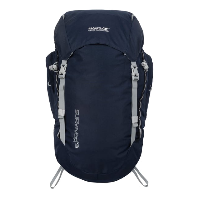 100% Polyester. Fabric: Ripstop. Height: 62cm. Width: 29cm. Length: 21cm. Denier: 600D. Fabric Technology: Abrasion Resistant, Breathable, Durable, Hardwearing, Tear-Resistant. Design: Contrast Detail, Logo, Reflective Detail, Text. Fastening: Adjustable Buckle, Flap. Adjustable Sliding Chest Harness, Air Mesh Back, Daisy Chain Webbing, Detachable Rain Cover, Grab Handle, Hydration Bladder Compatible, Internal Key Clip, Padded Adjustable Shoulder Straps, Padded Hip Belt, Walking Pole Holders, Zip Pullers. Compartments: 1 Main Compartment. Pockets: Mesh Pocket, Zipped Lid Pocket, 2 Side Pockets, Zip. Capacity: 45L.