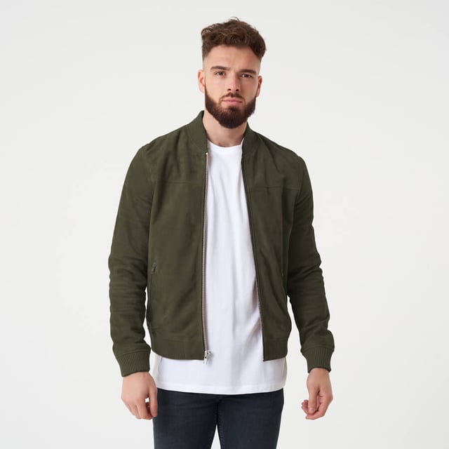 Barneys Originals Khaki Goat Suede Bomber Jacket