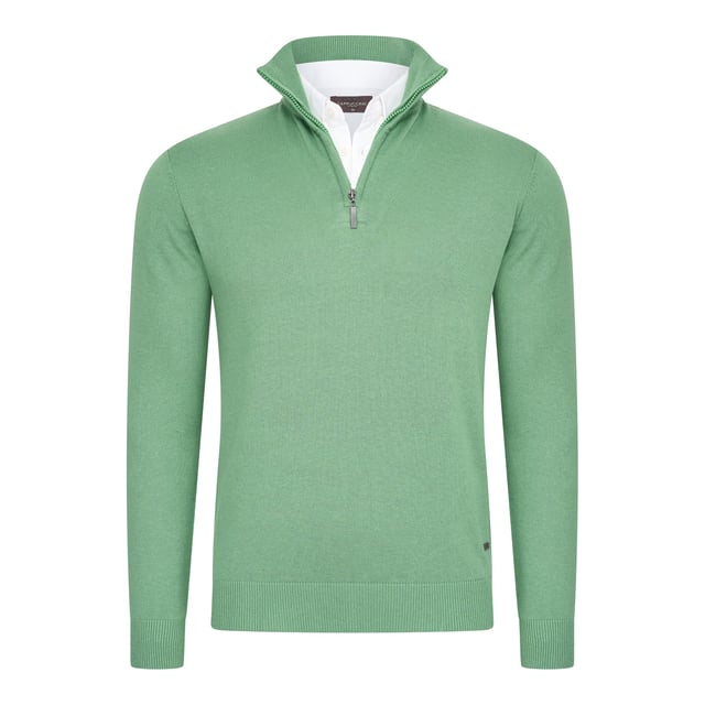 Cappuccino Italia mock zip pullover voor heren. De pullover is gemaakt van 50% katoen en 50% polyester en heeft een normale pasvorm. De trui is voorzien van een overhemdkraag, die is vastgestikt aan de pullover.  Merk: Cappuccino ItaliaModelnaam: Mock Pullover (met overhemdkraag)Categorie: heren truiMaterialen: katoen, acrylKleur: groen, wit