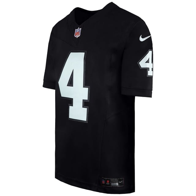 The Nike NFL Las Vegas Raiders #4 Derek Carr Home Limited Player Jersey is an officially licensed NFL jersey that allows you to proudly represent your favorite player and team. Whether you're cheering for the Raiders at Allegiant Stadium, watching the game from home, or displaying it as part of your sports memorabilia collection, this limited jersey is the ultimate way to showcase your support for Derek Carr and the Las Vegas Raiders.

Key Features:

 Officially Licensed:  This jersey is officially licensed by the NFL, ensuring its authenticity and adherence to league standards.

 Player-Specific Design:  The jersey is designed to replicate the style and fit of the jerseys worn by Derek Carr on the field, providing an authentic player experience.

 High-Quality Materials:  Crafted from high-quality, durable materials that are designed to withstand the demands of the game.

 Stitched Numbers and Letters:  The jersey features stitched player number and name on the back, enhancing durability and creating a premium appearance.

 Team Logo and Colors:  The Las Vegas Raiders' team logo and colors are prominently displayed on the jersey, representing your team pride.

 Limited Edition:  Limited edition jerseys often have additional design details, making them unique collector's items.

 Comfortable Fit:  This jersey offers a comfortable fit, allowing for ease of movement and making it suitable for both game days and casual wear.

 Versatile Style:  Whether you're at Allegiant Stadium, watching with friends, or wearing it in your daily activities, this limited jersey complements various outfits and is a versatile choice for any occasion.

The Nike NFL Las Vegas Raiders #4 Derek Carr Home Limited Player Jersey is a premium fan apparel item that allows you to proudly display your love for Derek Carr and the Las Vegas Raiders. Whether you wear it to support the team on game days or showcase it as part of your sports memorabilia collection, this limited jersey is a special way to express your passion for football and your favorite player and team.