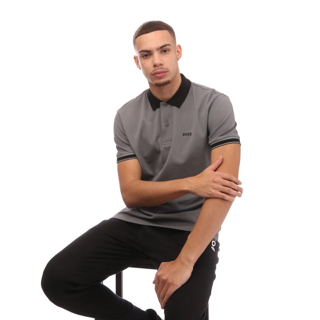Mens BOSS Paddy 8 Polo Shirt in grey.- Ribbed polo collar.- Two button placket.- Tipping on collar and cuffs.- BOSS branding on the left chest.- Soft and breathable fabric.- Regular fit.- 100% Cotton.- Ref: 50519857251