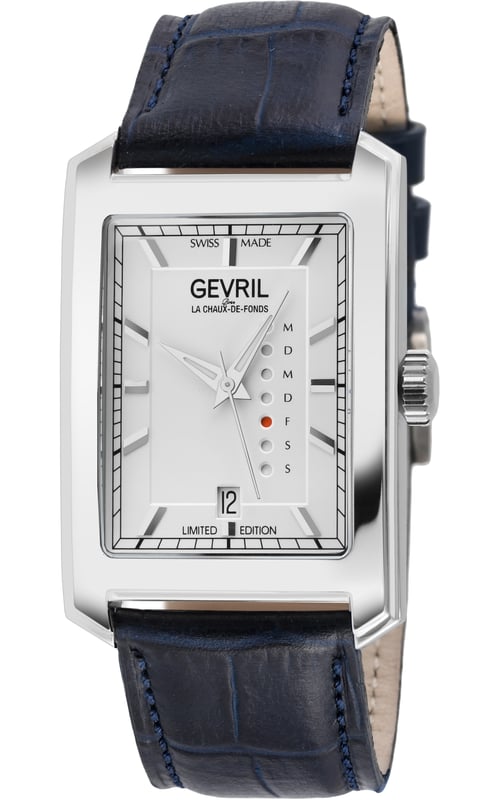 Where the triumphant achievements of human ingenuity embrace the finest offerings of the natural world, behold the Gevril Manhattanhenge Automatic Stainless-Steel Watch – an epitome of masculine sophistication. In a realm where artistry and nature's grandeur converge, this timepiece stands tall, a testament to the exquisite fusion of man's genius and the elements' magnificence.

Capturing a sublime instant when the dance of the sun intersects with the rigid grid of Manhattan's steel jungle, the Manhattanhenge watch pays homage to this biannual spectacle of unparalleled visual splendor. It is a fleeting moment frozen in time, a celebration of the majestic alignment between celestial and architectural forces.

Dominating the wrist with its commanding presence, this horological masterpiece boasts a formidable 31mm x 39mm rectangular stainless-steel case. Its contours mirror the soaring lines of skyscrapers, a symphony of masculinity and elegance that encase the heart of the watch. The centerpiece of this limited-edition marvel is the Vertical Day display, an innovation that channels the power of the sun, gracing the pristine white dial with its radiant presence. Behold through the exhibition case back the meticulous inner workings, while a secure screw-down crown stands as a sentinel of precision.

Gevril's unyielding commitment to perfection is evident in every meticulously crafted detail, including the bespoke Handmade Italian black leather strap, painstakingly fashioned by skilled artisans, securing with a confident tang buckle. This timekeeping masterpiece finds its beating heart in a Swiss-made automatic movement, an assurance that not a single sunrise or sunset shall escape your notice.

Drawn from the embrace of the natural world and elevated through the hands of true artisans, the Manhattanhenge is not just a watch – it is a harmonious sanctuary, a respite from the relentless demands of a bustling day. Amidst the chaos of life, it stands as a beacon of serenity, reminding the discerning gentleman that even in the midst of his endeavors, every pursuit deserves a momentary pause.

Gevril 371.60.62 Mens Manhattanhenge Automatic Stainless-Steel Watch
Gevril Mens Swiss Automatic from the Manhattanhenge Collection
31mm x 39mm Rectangle 316L Stainless Steel Case, White Dial with Exhibition Case Back
Day date
Push Pull
Limited Edition
Genuine Handmade Italian Blue Leather Strap with Tang Buckle
Anti-reflective Sapphire Crystal
Water Resistant to 100 Meters/10ATM
Swiss Made Automatic, Day Date, ETA 2636-2
