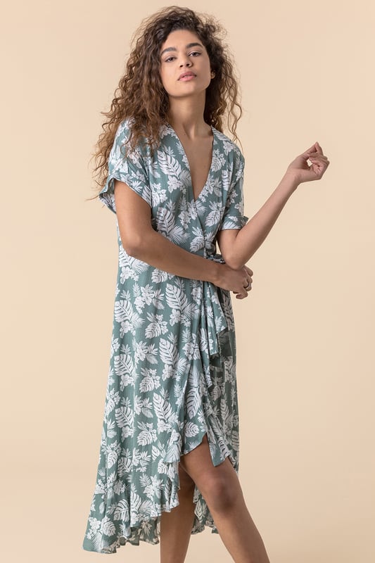 Leaf Print Wrap Front Sarong Dress