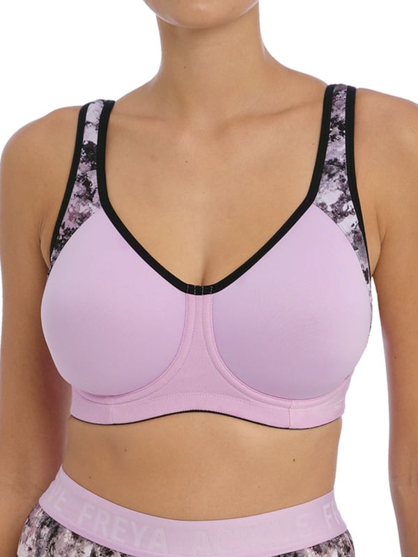 Freya Sonic Moulded Sports Bra. Lightweight spacer cups with wide wiring, a firm underband and J-Hook converter. Average coverage with mid-high support. Product is made of 54% Nylon/Polyamide, 20% Elastane, 26% Polyester and is hand-wash only.