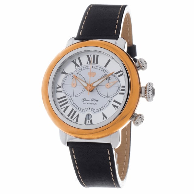 Glam Rock GR77123 - Damenuhr Quarz aus Edelstahl• Material: Edelstahl• Glas: Saphir• Armband: Leder• Farbe: Silber Gold Rose• Wasserbeständigkeit: 100 m (10 ATM)• Gehäusegröße: 40 mm