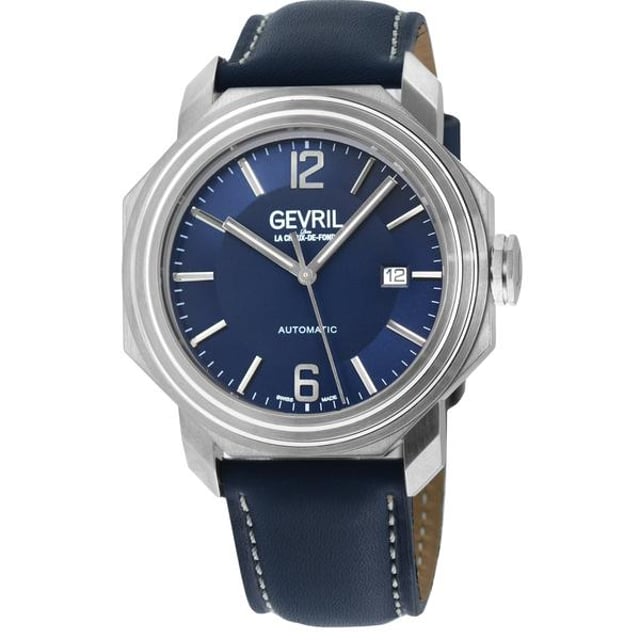 As adventurous as its namesake, the Canal Street Collection by Gevril captures the energy of this bold, buzzing New York City street in a new signature series of watches. Downtown Manhattan is as known for the enduring high fashion as it is for edgy street style. Balanced between the hip Chelsea neighborhood and upscale SoHo, no thoroughfare represents this juxtaposition better than the bustling Canal Street. In this series of diver watches by Gevril, luxe details, precision design, and robust styling combine, featuring precision Swiss Automatic movement.   Gevril 46502 Men's Canal St Automatic Watch

Gevril Men's Canal St Automatic Watch
44mm Octagon 316L Stainless Steel Case Blue Dial with Exhibition Case Back Window
Date at 3H, Silver Indices applied on dial
Genuine Blue Leather Strap with Tang Buckle
Anti-reflective Sapphire Crystal
Water Resistant to 50 Meters/5ATM
Swiss Made Automatic, Sellita SW200 Movement