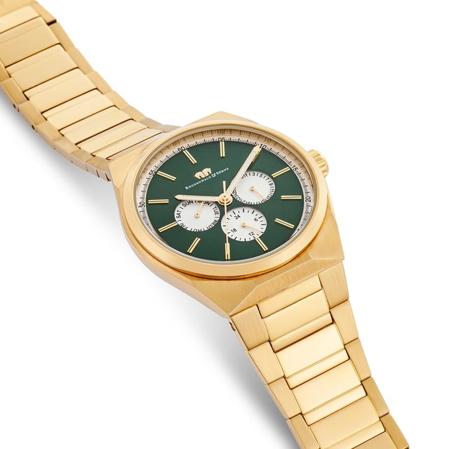 GENERAL INFORMATION:  • Targetgroup: Male  • Wristwatch: Multifunction(s)  • Display: analogue  • Weight of watch w/o box (gr.) - approx.: 133,0  • model series: Cooledge  MOVEMENT:  • Movement: Quartz  • Term of Movement: VX3JE  • Origin of movement: Japan  BRACELET:  • Material of bracelet/strap: Stainless steel  • Plating of bracelet/strap: Ion-Plating (IP)  • Finishing of bracelet/strap: Polished/brushed  • Finishing/Decoration of bracelet/strap: None  • Clasp/Closure/Buckle: Security-folding clasp  • Color of bracelet/strap: Yellowgold  • Length of bracelet/strap (mm) approx.: 225,0  • Width of bracelet/strap (mm) approx.: 24,1  • Style/Design of bracelet/strap: Link bracelet  • Bracelet/strap adjustable?: Yes  CASE:  • Shape of case: Round  • Size/Diameter of case in mm . approx.: 42  • Height of case in mm: 9,6  • Case material: Stainless steel  • Surface of case: Polished/brushed  • Bezel/Topring: Fixed  • Finishing/Decoration of case: None  • Material of case back: Stainless steel  • Lock of case back: Pressed  • Color of case: Yellowgold  • Coating/Plating (Case): Ion-Plating (IP)  • Type/Form of crystal: Flat  • Material of crystal: Mineral crystal  • Water resistant (ATM): 5  DIAL:  • Size jewelry care cloth: Date/Weekday/24 Hours  • Indices: Line indices  • Material of dial: Brass  • Structure/pattern of dial: Multi-layer  • Color of dial: Green  PUSHER, CROWN, HAND:  • Pusher: No screwed-in crown  • Corrector: No  • Crown: No screwed-in crown  • Type of hands: Pole hand  • Luminescent (hands): Yes  PACKAGING & SCOPE OF DELIVERY:  • Box: Yes  • Service booklet: Yes  • Manual: Yes
